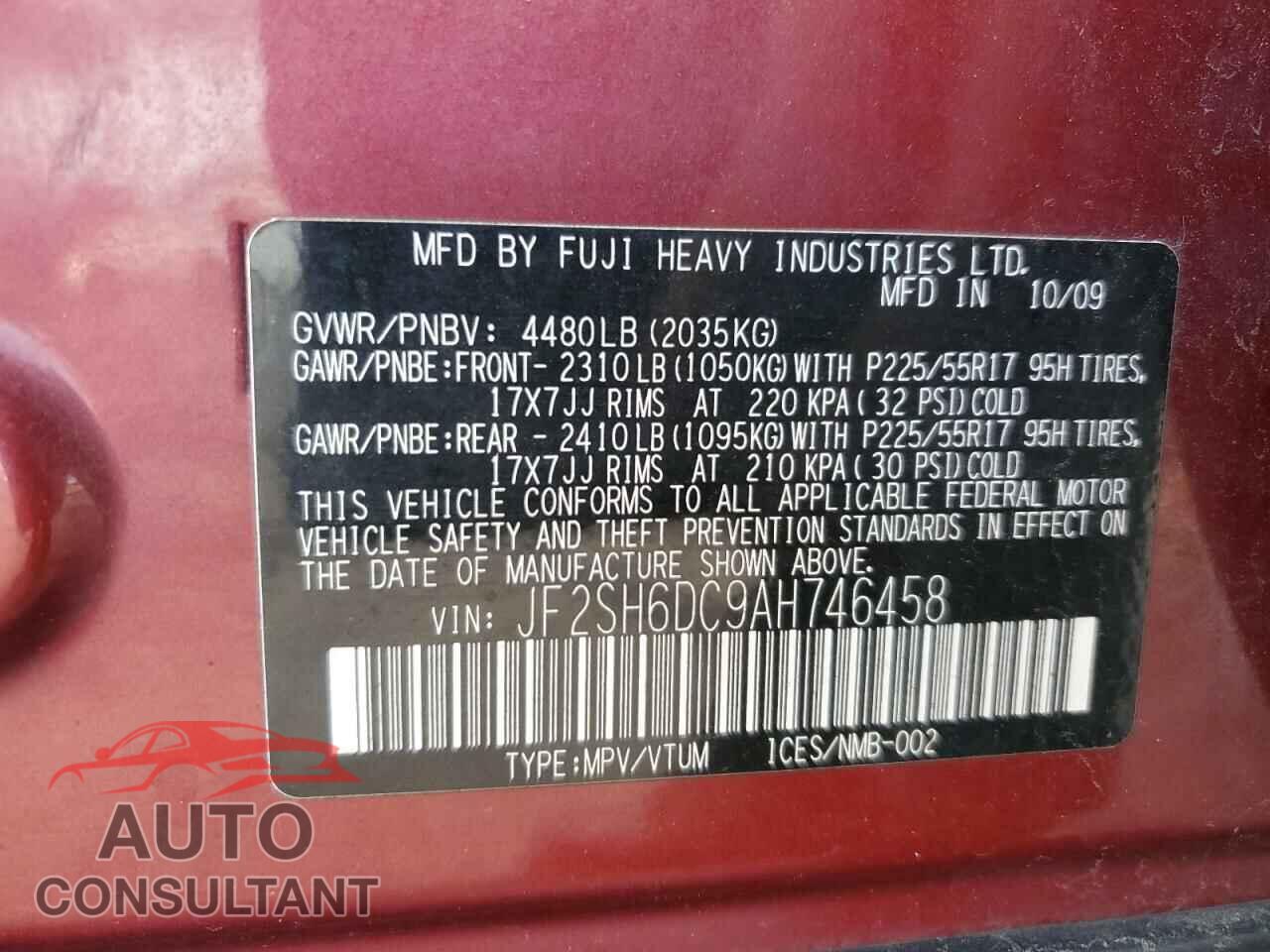 SUBARU FORESTER 2010 - JF2SH6DC9AH746458