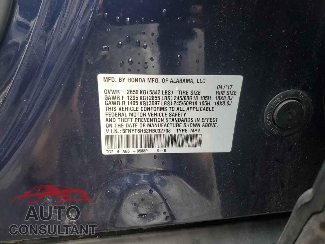 HONDA PILOT 2017 - 5FNYF6H52HB032708