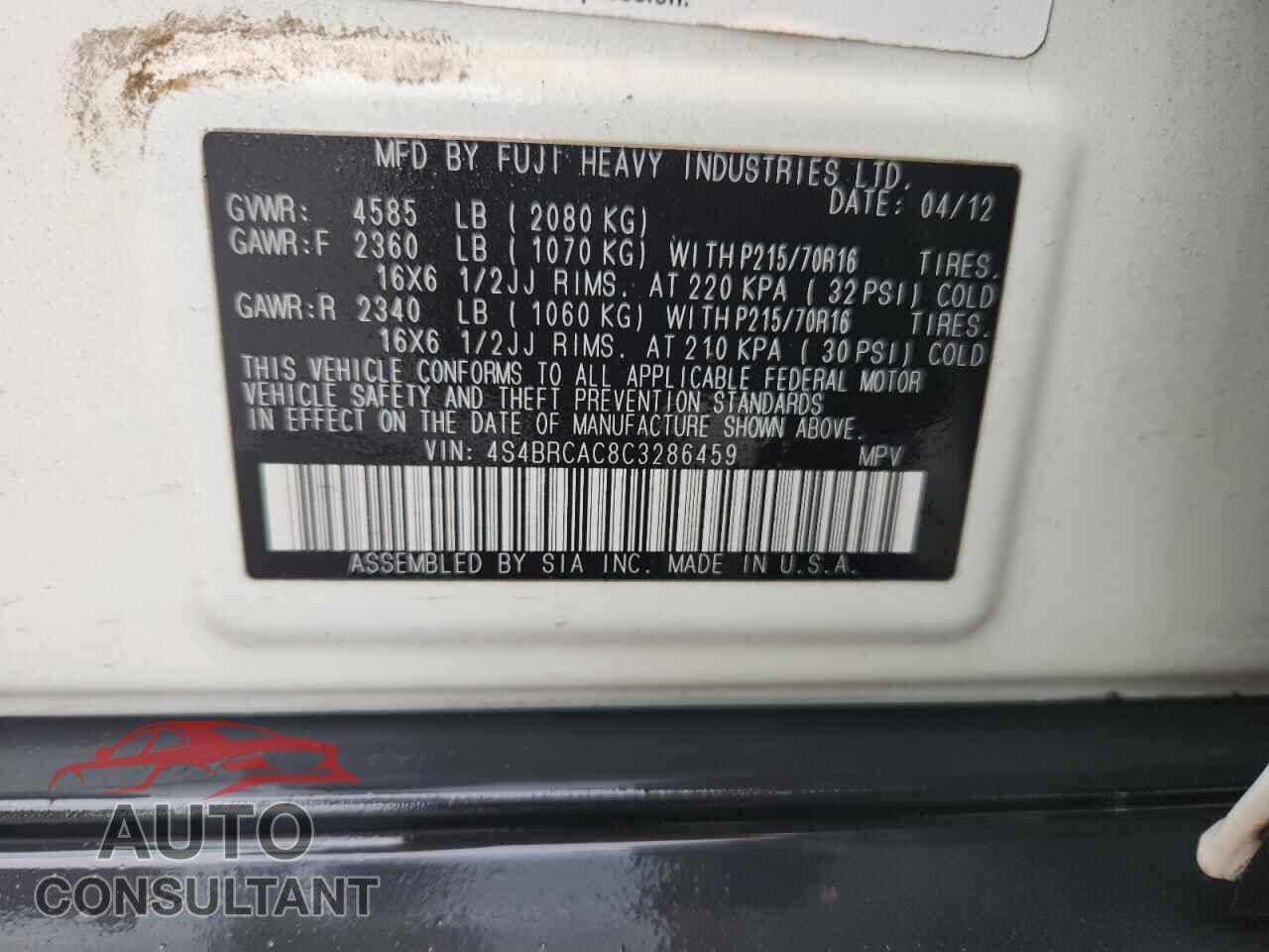 SUBARU OUTBACK 2012 - 4S4BRCAC8C3286459