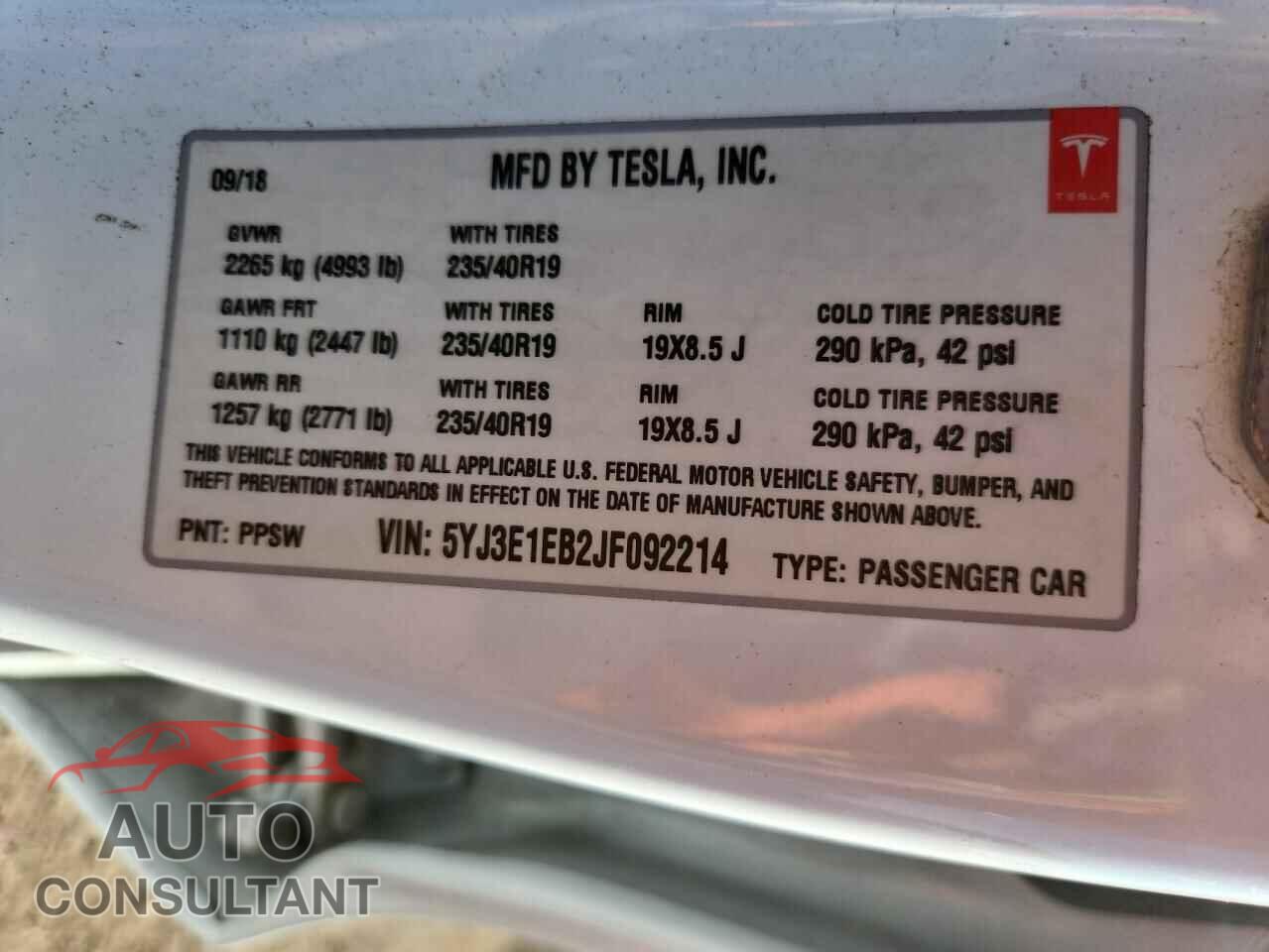 TESLA MODEL 3 2018 - 5YJ3E1EB2JF092214