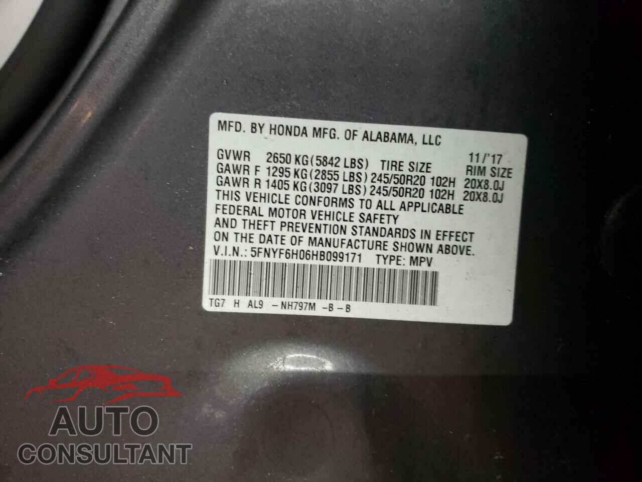 HONDA PILOT 2017 - 5FNYF6H06HB099171