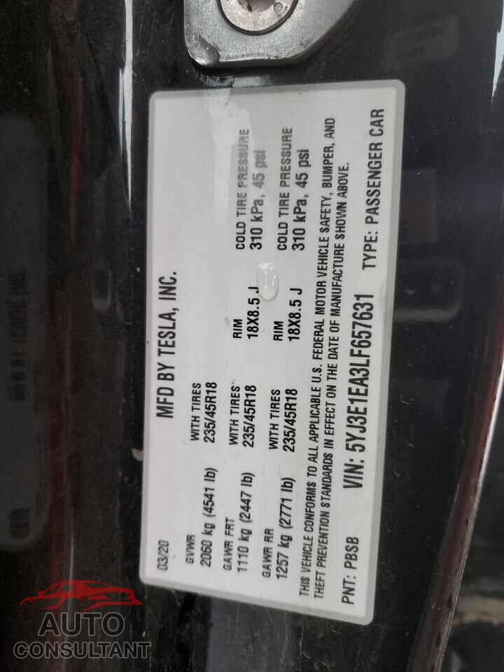 TESLA MODEL 3 2020 - 5YJ3E1EA3LF657631