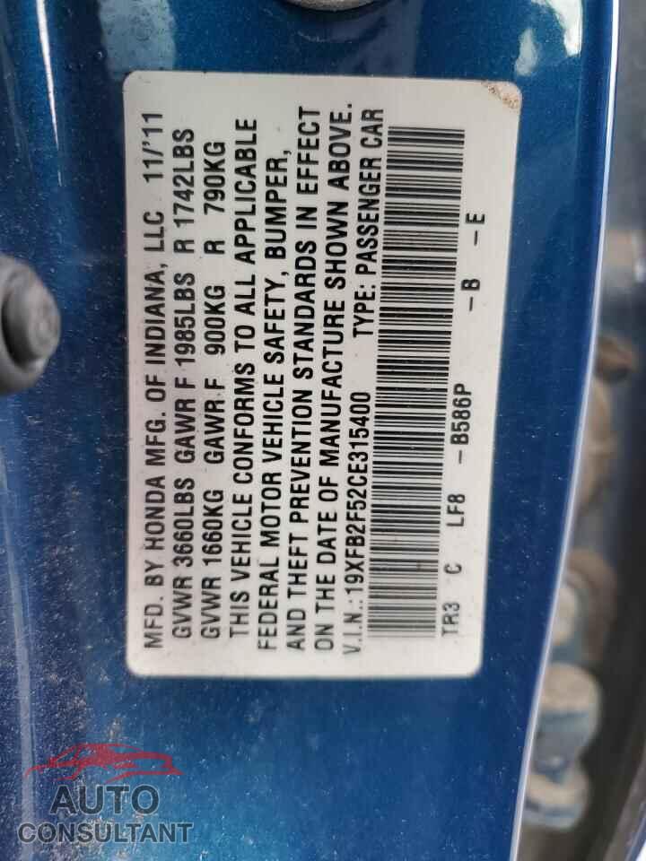 HONDA CIVIC 2012 - 19XFB2F52CE315400