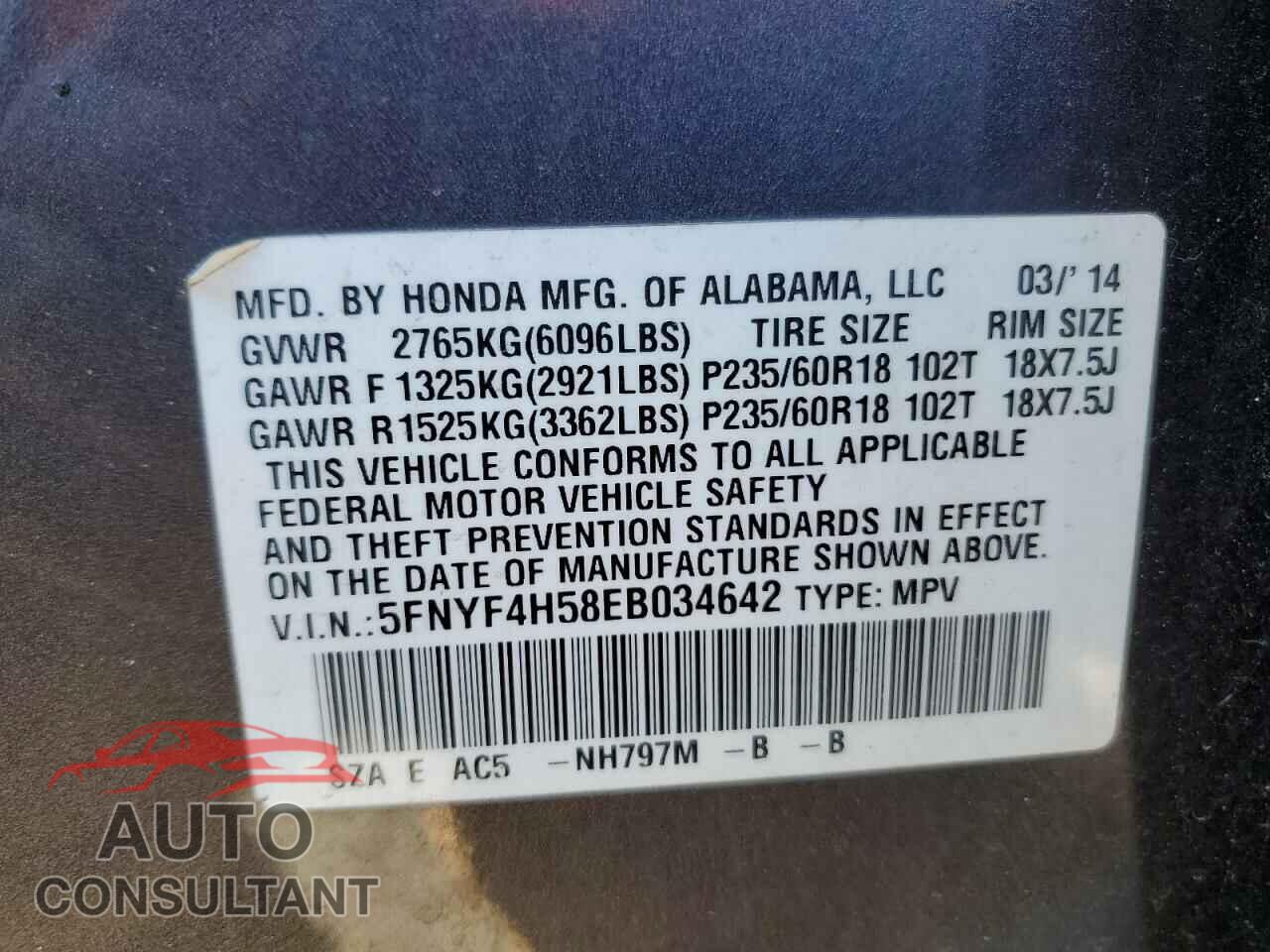 HONDA PILOT 2014 - 5FNYF4H58EB034642