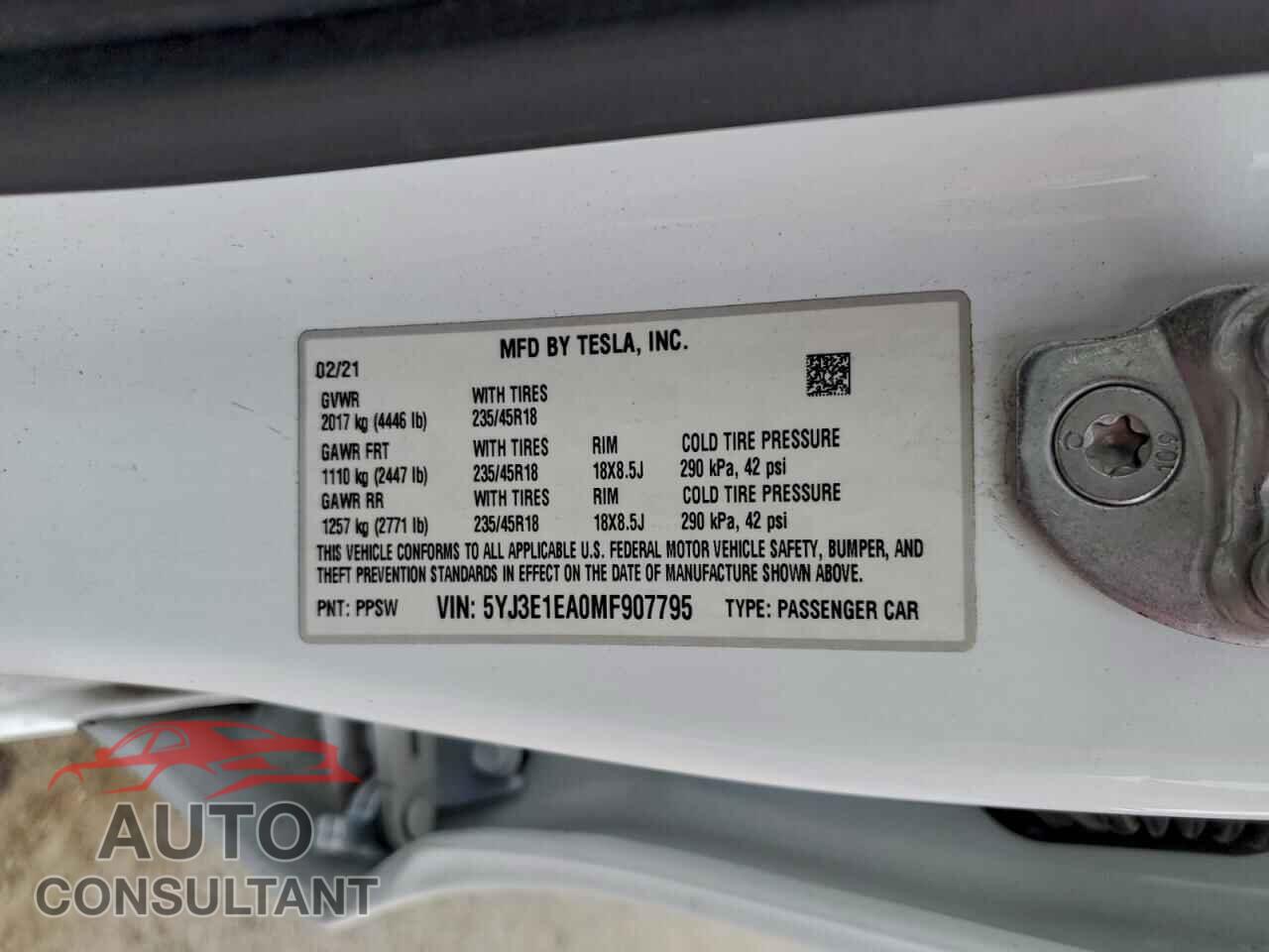 TESLA MODEL 3 2021 - 5YJ3E1EA0MF907795