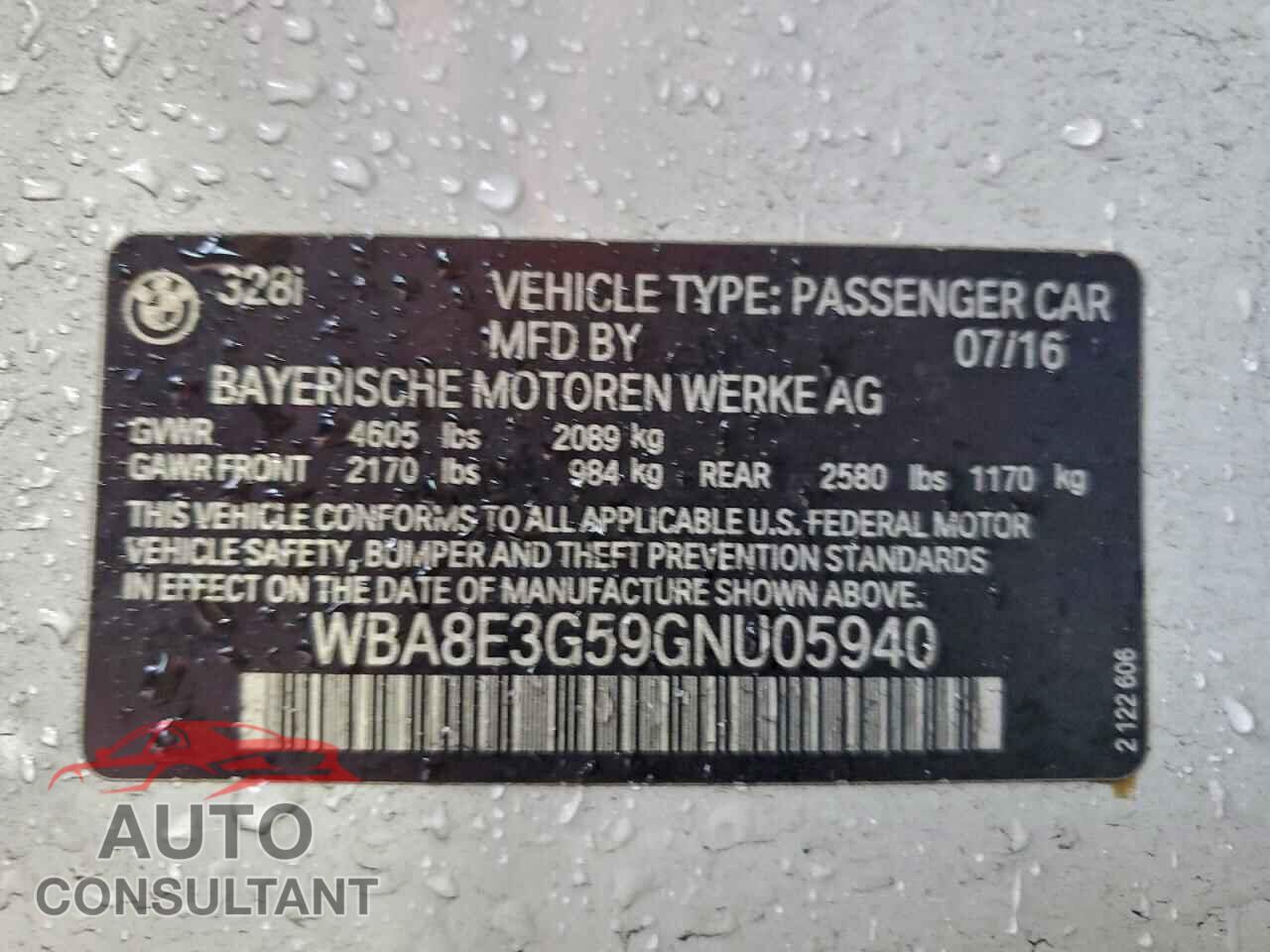BMW 3 SERIES 2016 - WBA8E3G59GNU05940