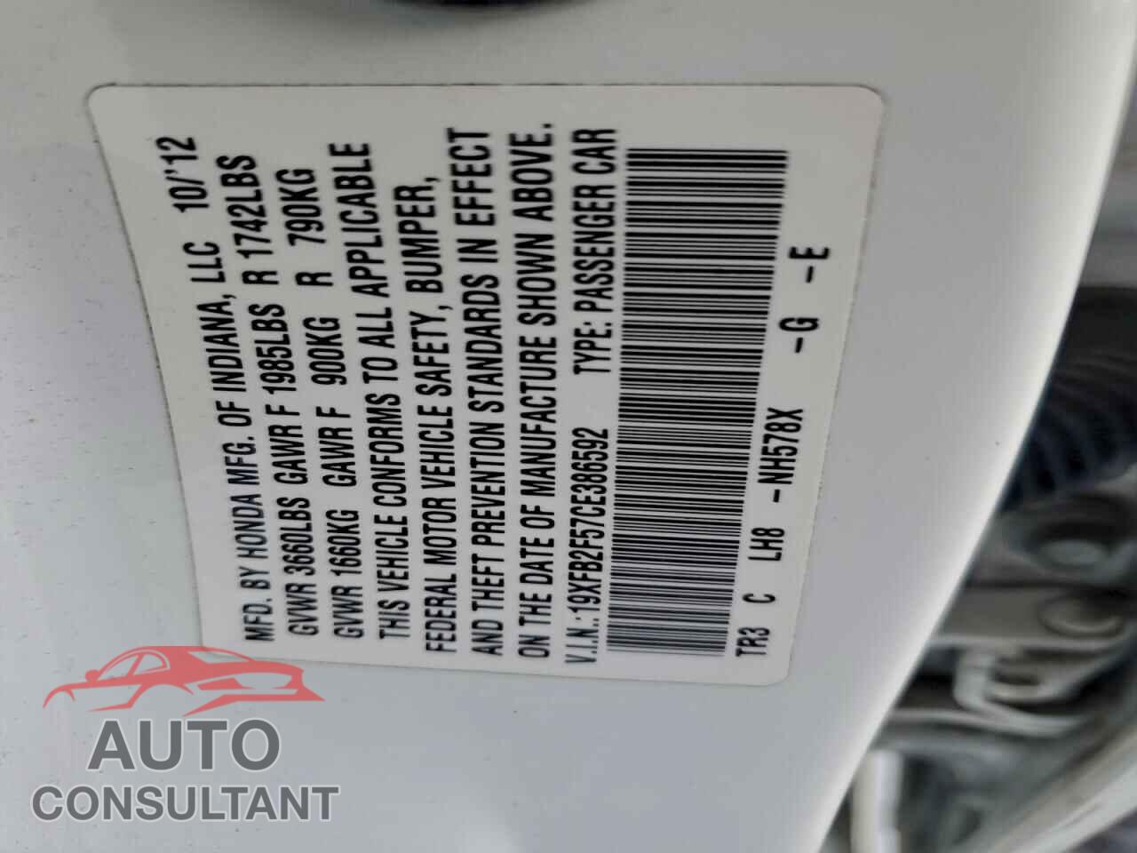 HONDA CIVIC 2012 - 19XFB2F57CE386592