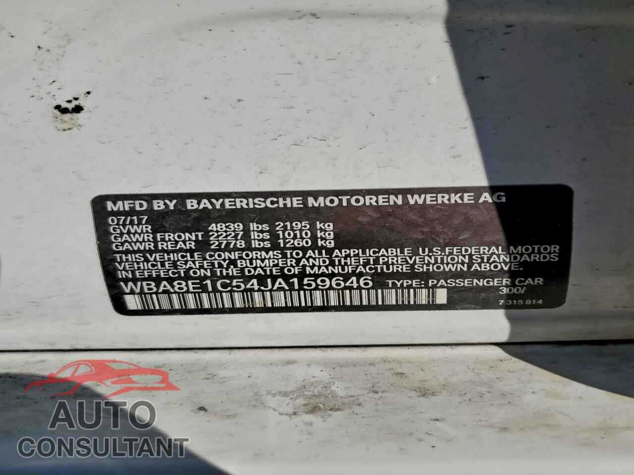 BMW 3 SERIES 2018 - WBA8E1C54JA159646