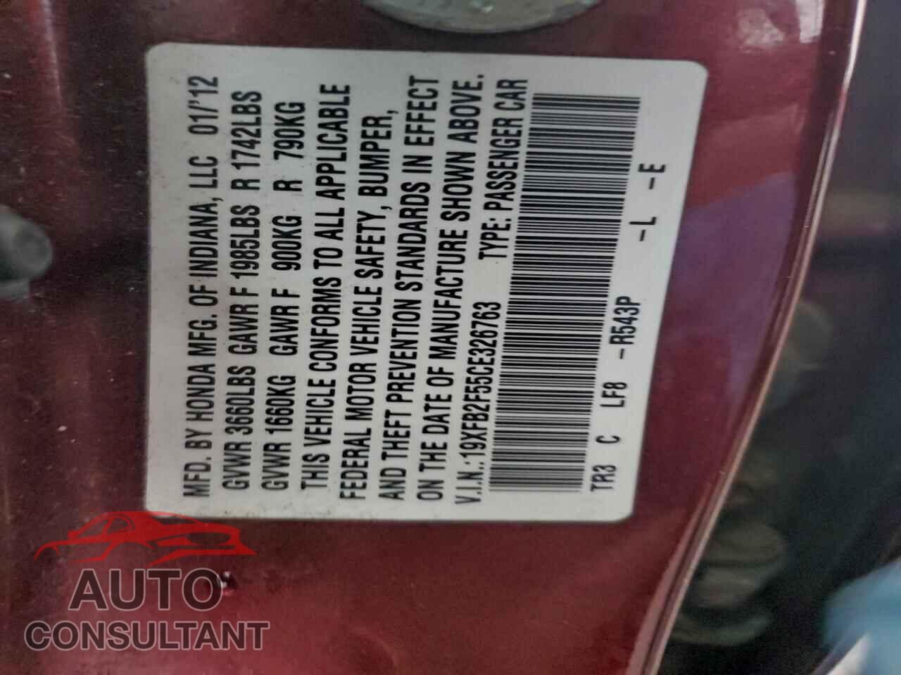 HONDA CIVIC 2012 - 19XFB2F55CE326763