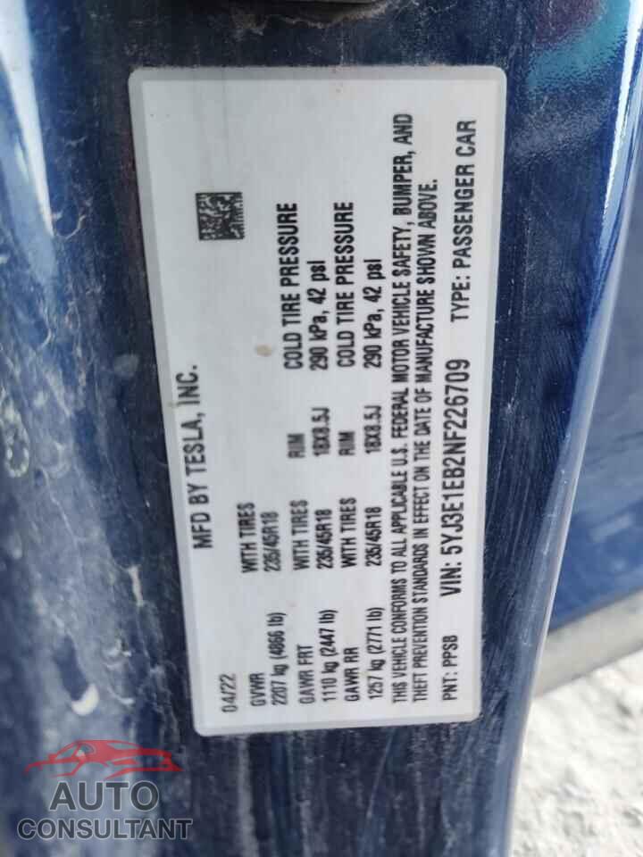 TESLA MODEL 3 2022 - 5YJ3E1EB2NF226709