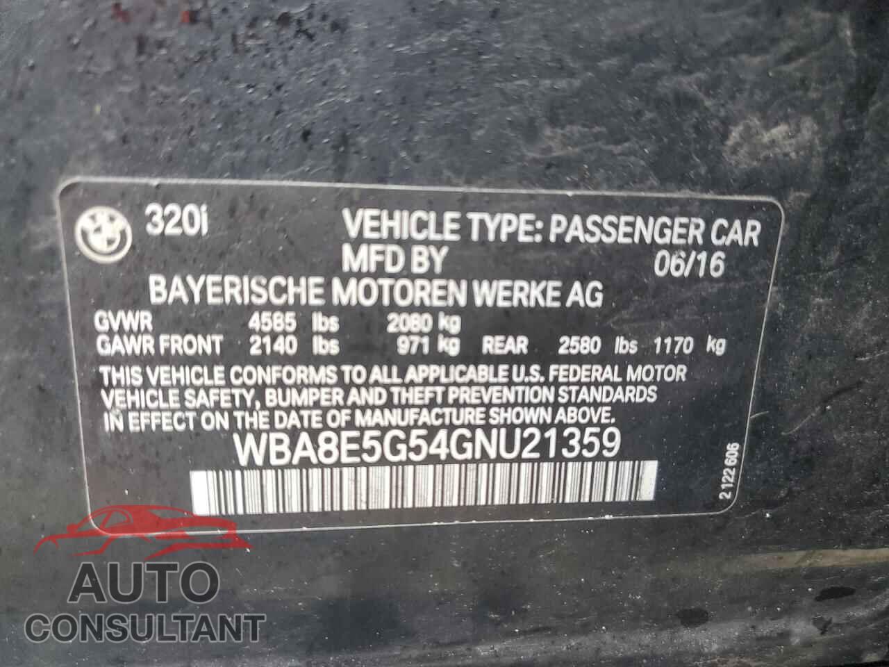 BMW 3 SERIES 2016 - WBA8E5G54GNU21359
