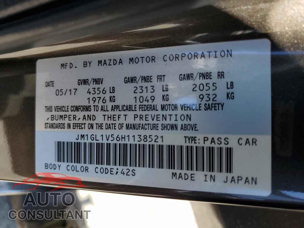 MAZDA 6 2017 - JM1GL1V56H1138521
