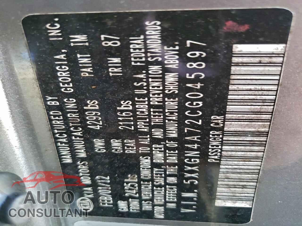 KIA OPTIMA 2012 - 5XXGN4A72CG045897