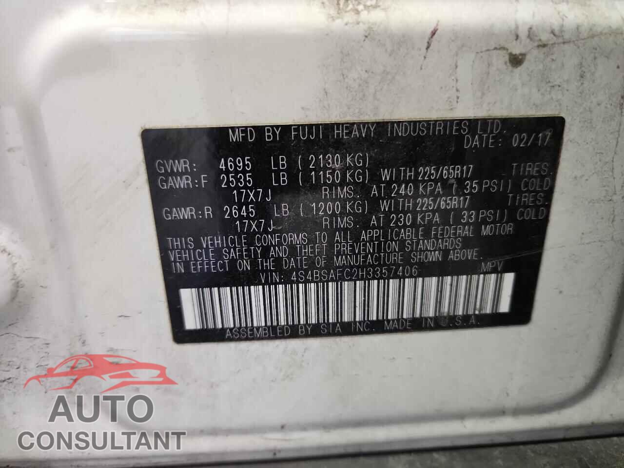 SUBARU OUTBACK 2017 - 4S4BSAFC2H3357406