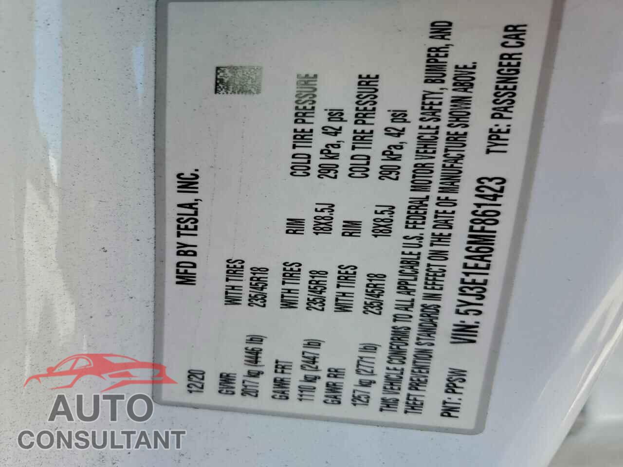 TESLA MODEL 3 2021 - 5YJ3E1EA6MF861423