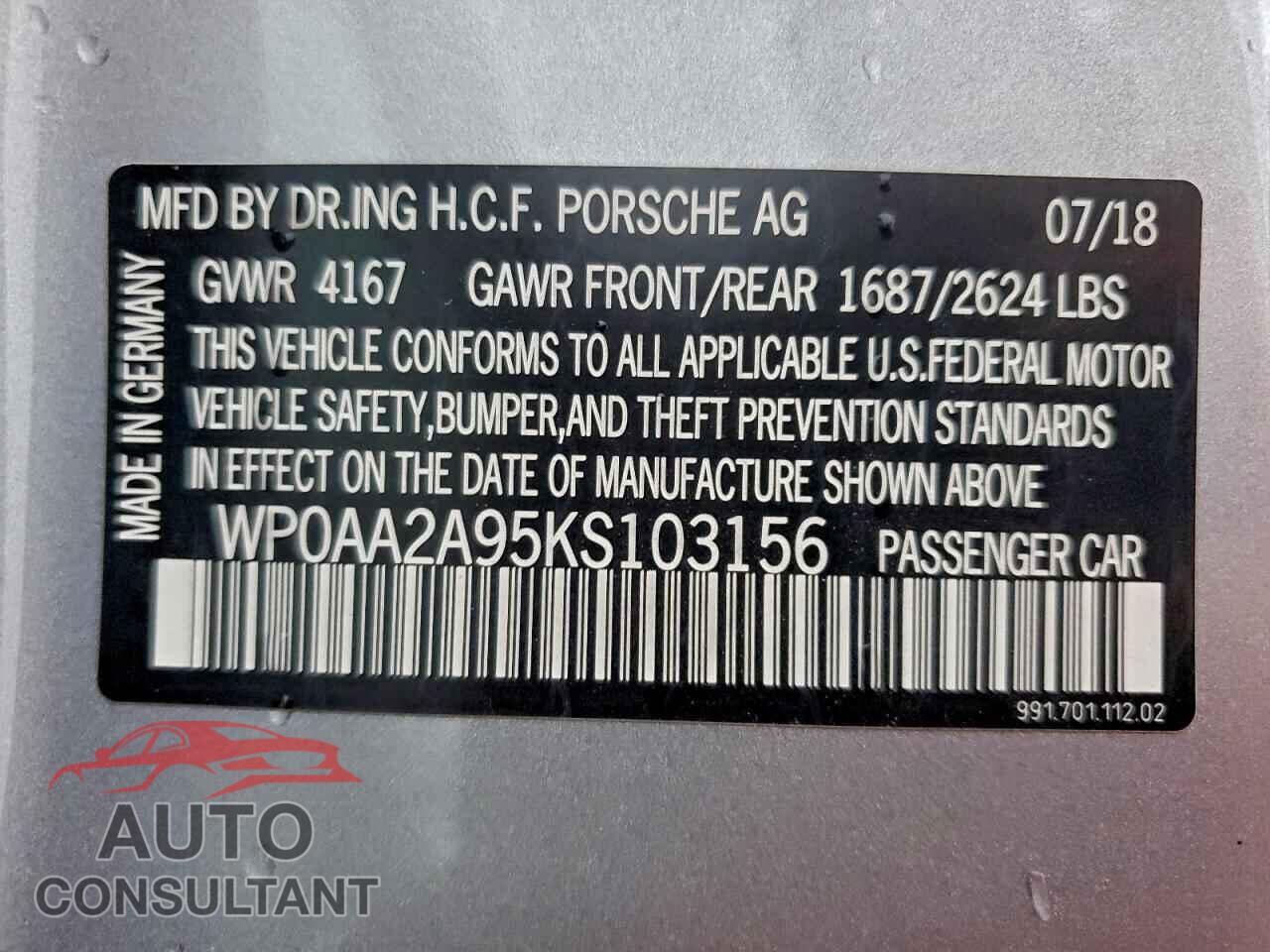PORSCHE 911 2019 - WP0AA2A95KS103156