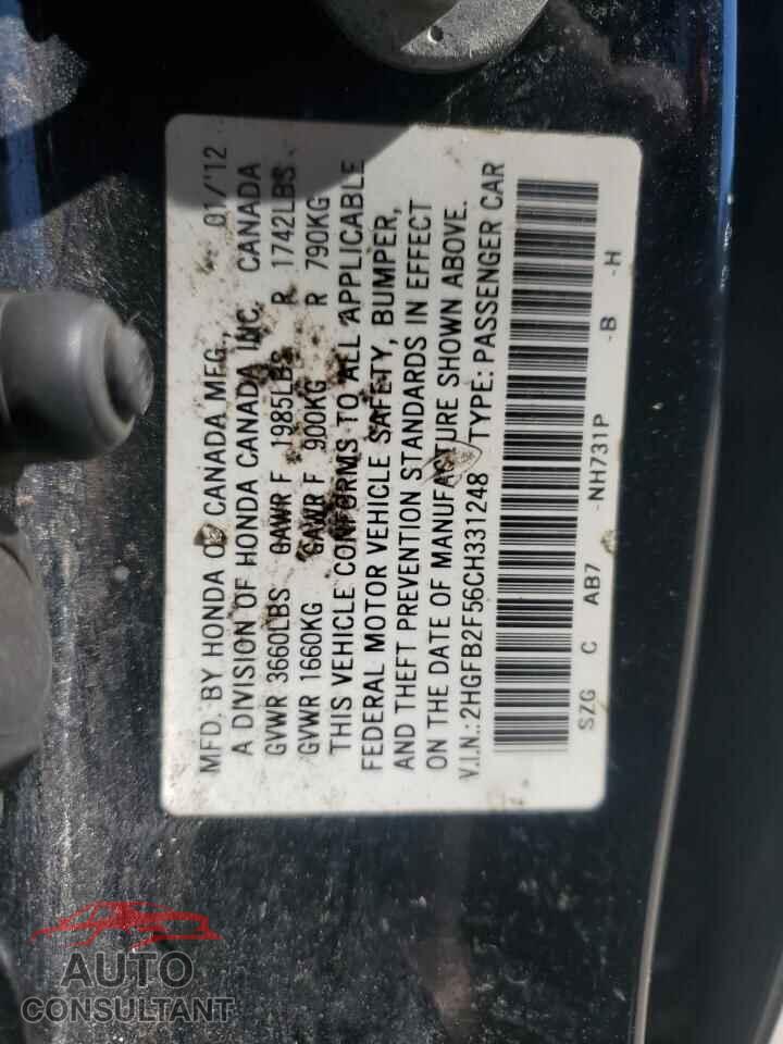 HONDA CIVIC 2012 - 2HGFB2F56CH331248