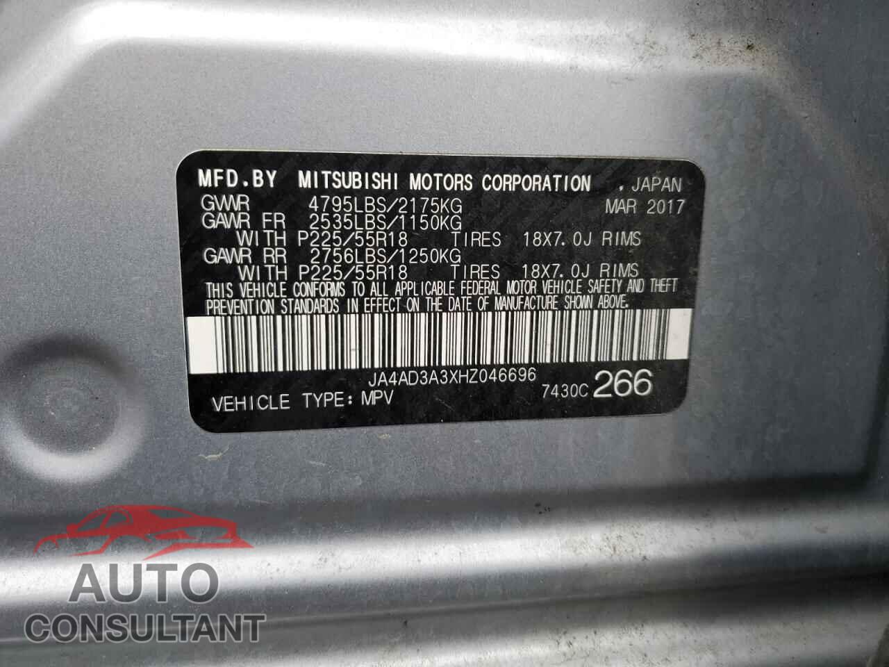 MITSUBISHI OUTLANDER 2017 - JA4AD3A3XHZ046696