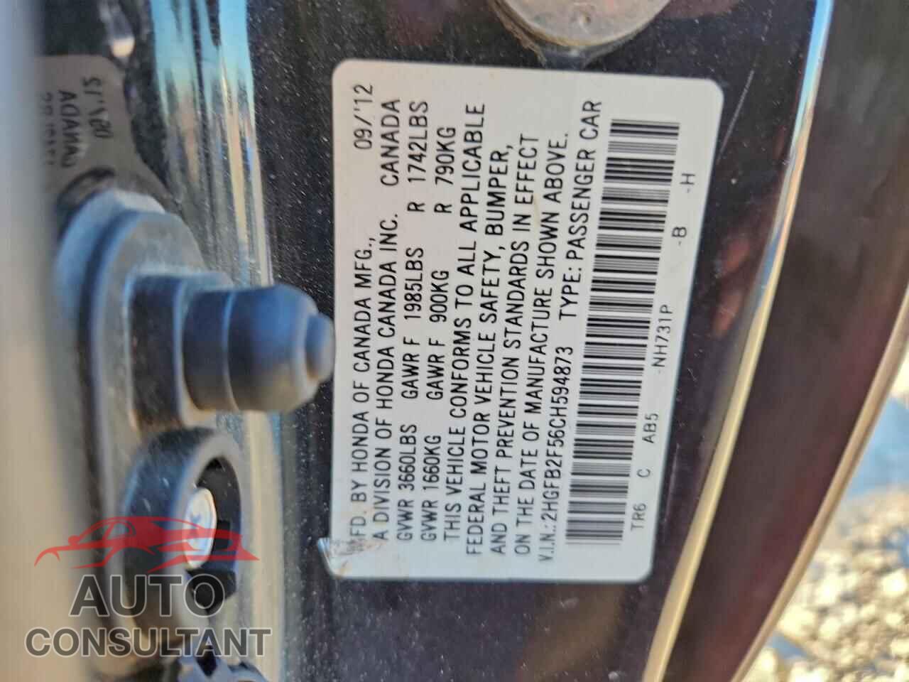 HONDA CIVIC 2012 - 2HGFB2F56CH594873