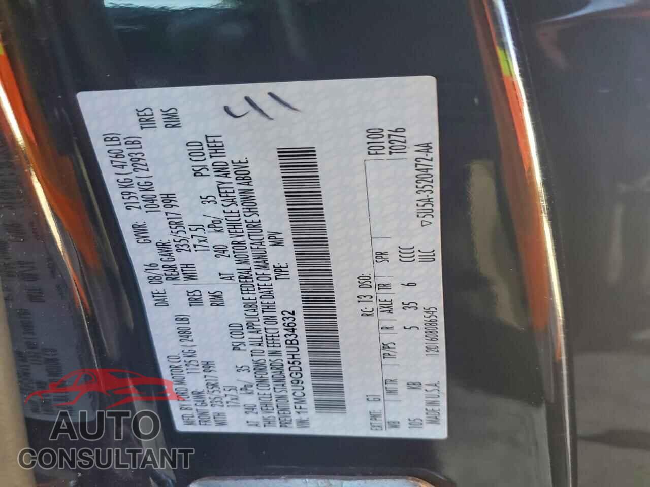 FORD ESCAPE 2017 - 1FMCU9GD5HUB34632
