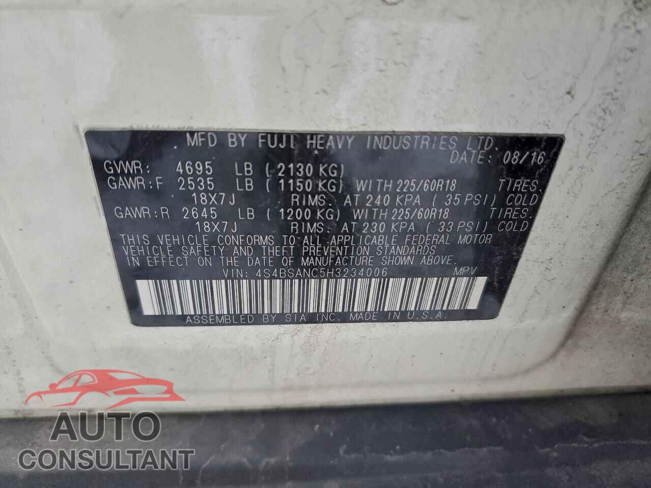 SUBARU OUTBACK 2017 - 4S4BSANC5H3234006
