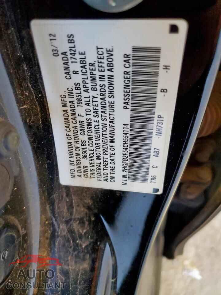 HONDA CIVIC 2012 - 2HGFB2F54CH554114