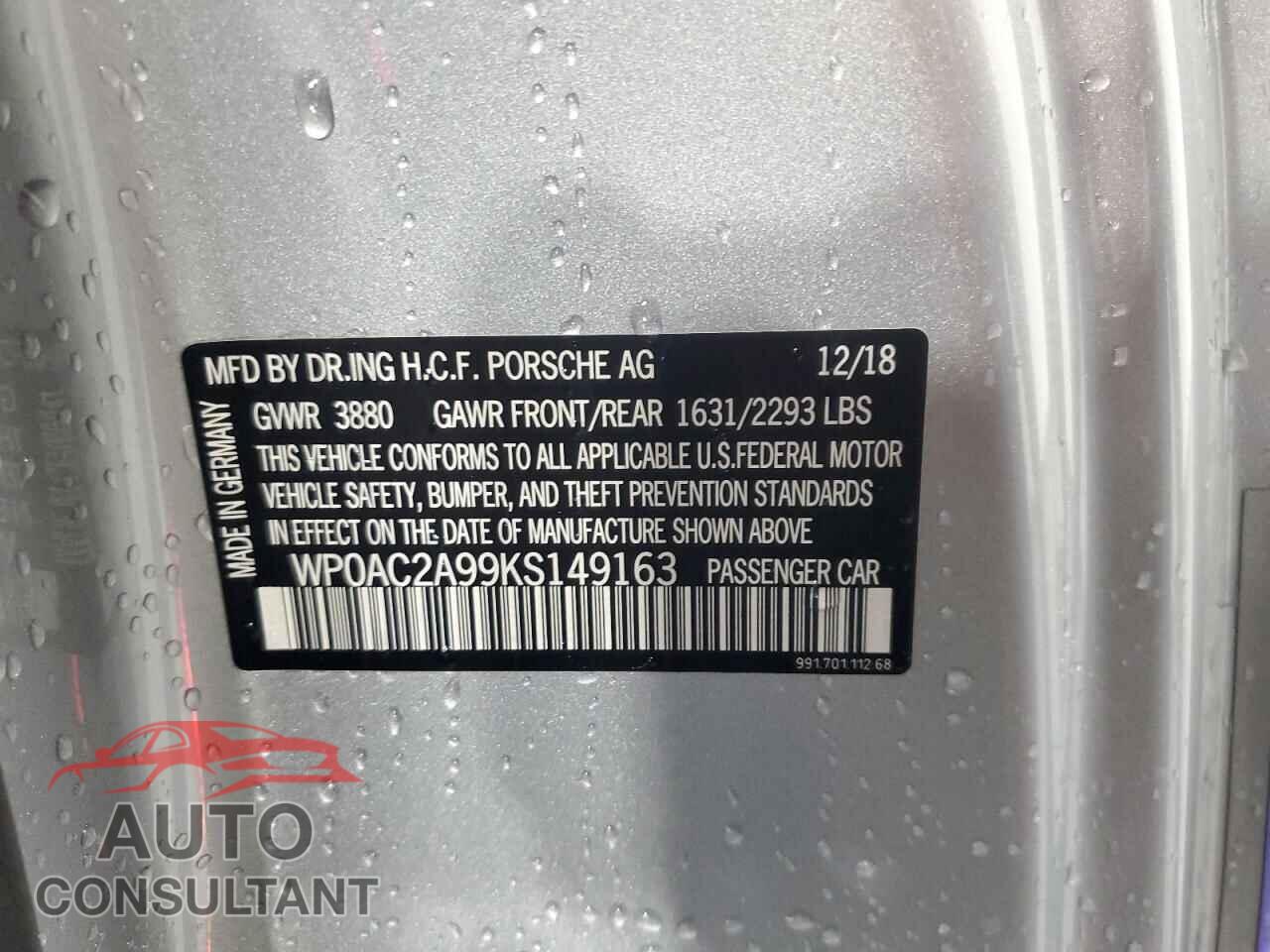 PORSCHE 911 2019 - WP0AC2A99KS149163