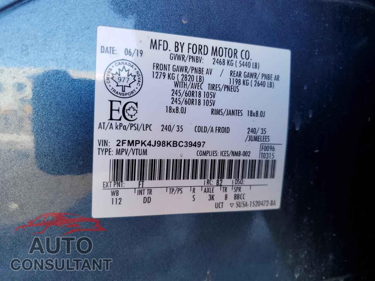 FORD EDGE 2019 - 2FMPK4J98KBC39497