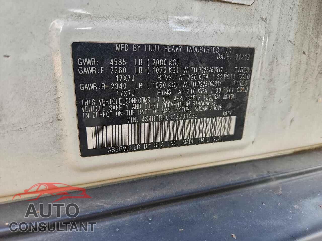 SUBARU OUTBACK 2012 - 4S4BRBKC8C3289032