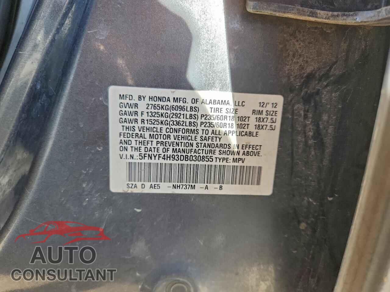 HONDA PILOT 2013 - 5FNYF4H93DB030855