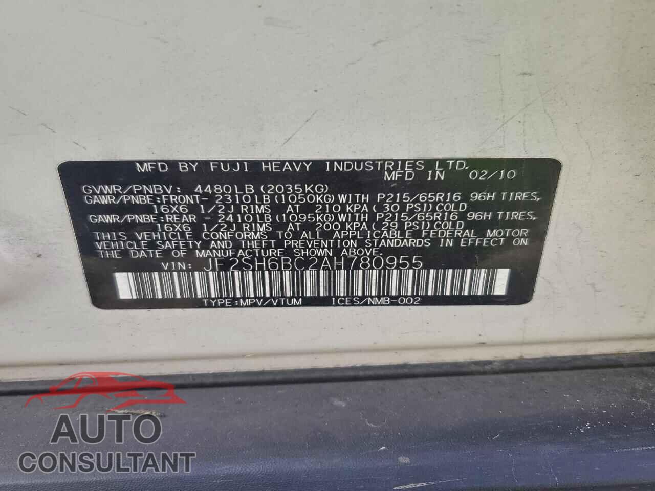 SUBARU FORESTER 2010 - JF2SH6BC2AH780955