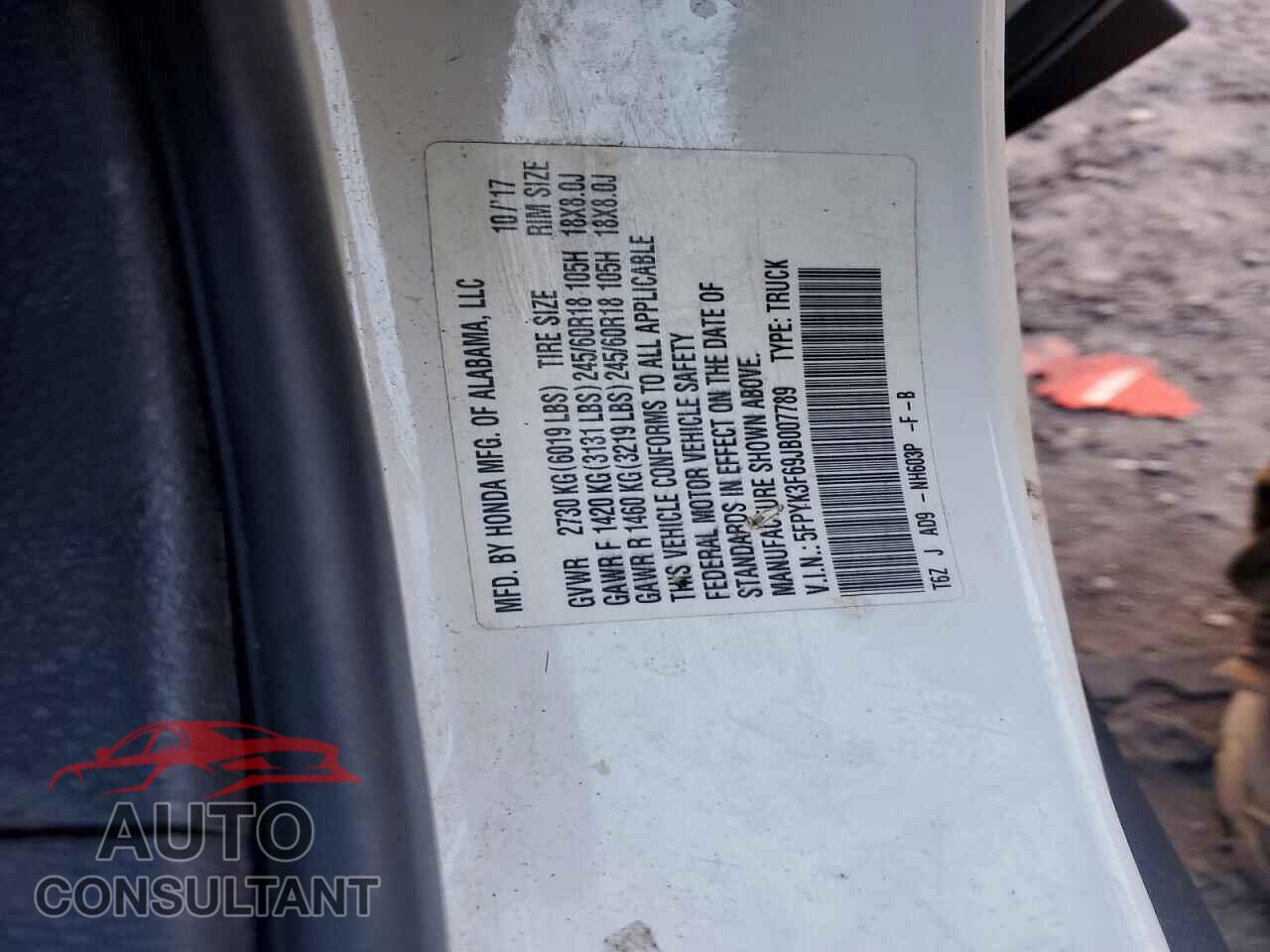 HONDA RIDGELINE 2018 - 5FPYK3F69JB007789