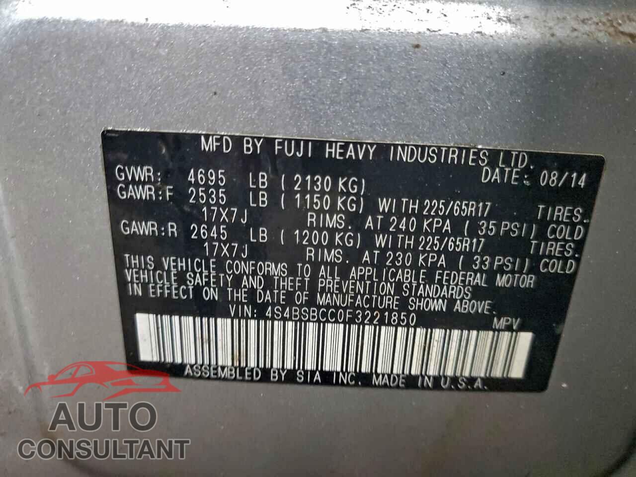 SUBARU OUTBACK 2015 - 4S4BSBCC0F3221850