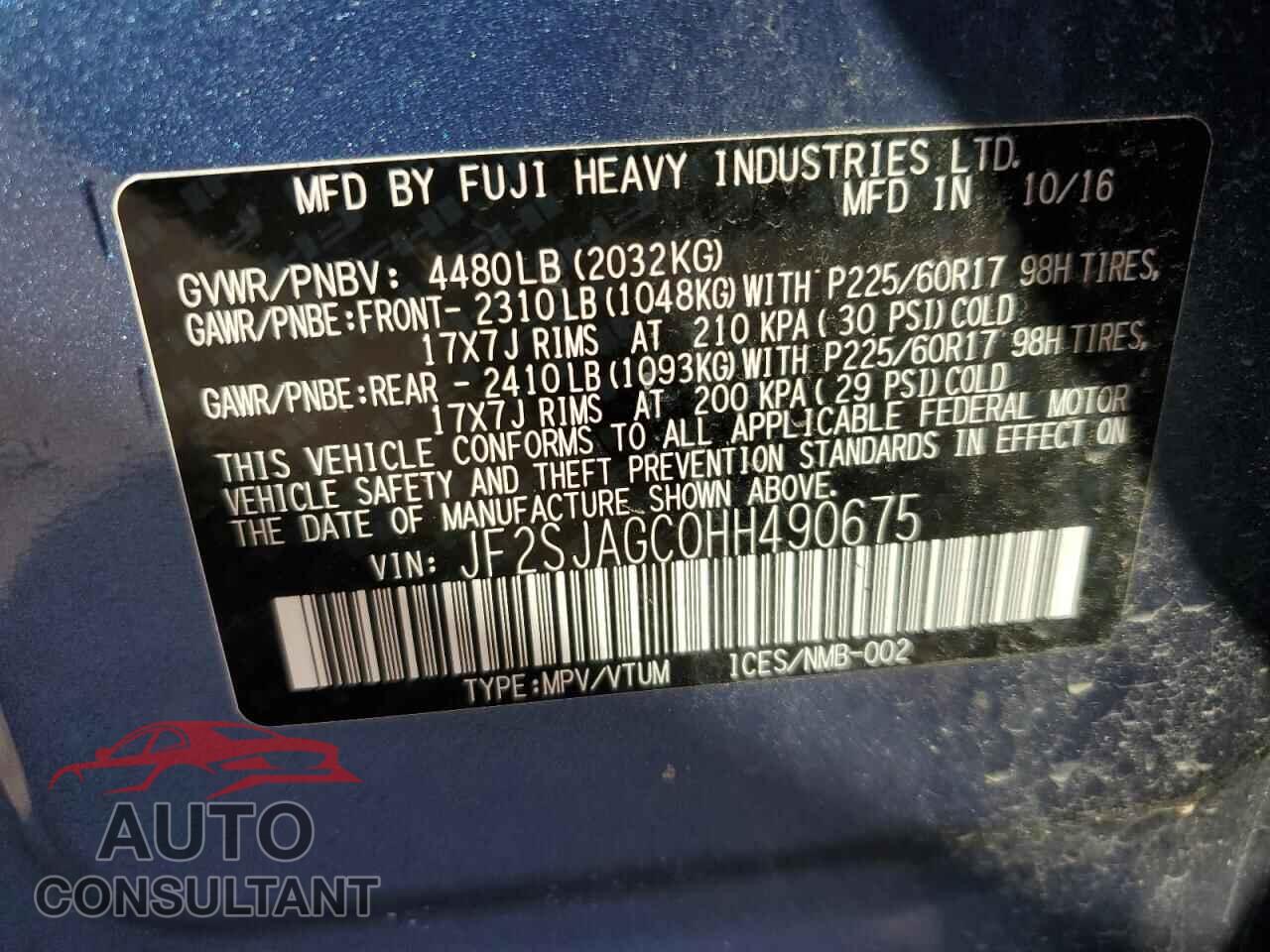 SUBARU FORESTER 2017 - JF2SJAGC0HH490675