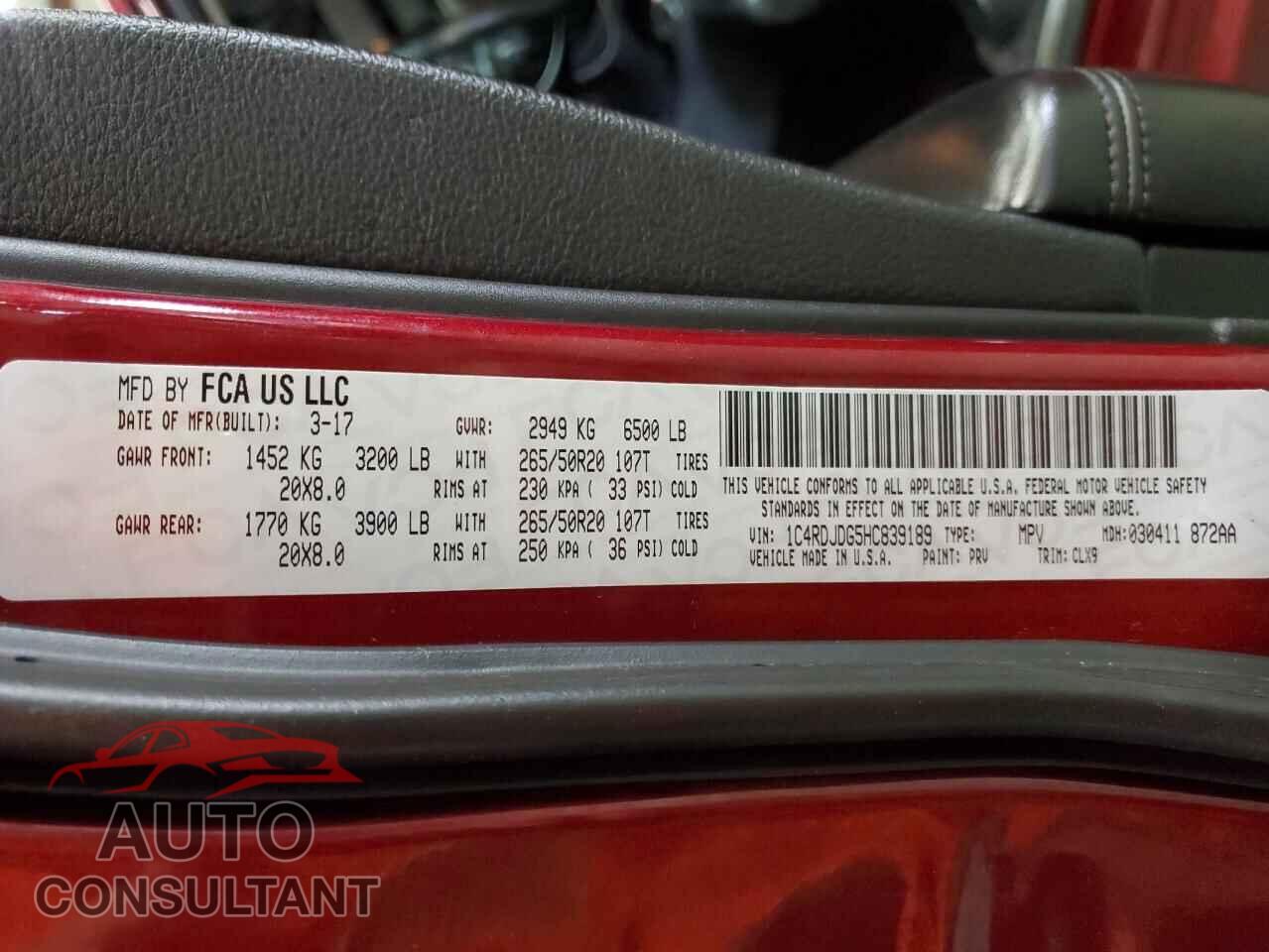 DODGE DURANGO 2017 - 1C4RDJDG5HC839189