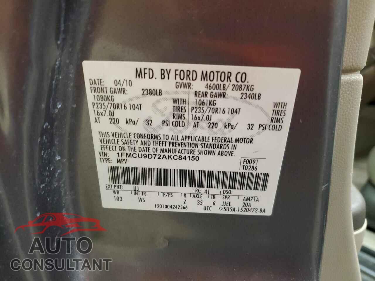 FORD ESCAPE 2010 - 1FMCU9D72AKC84150