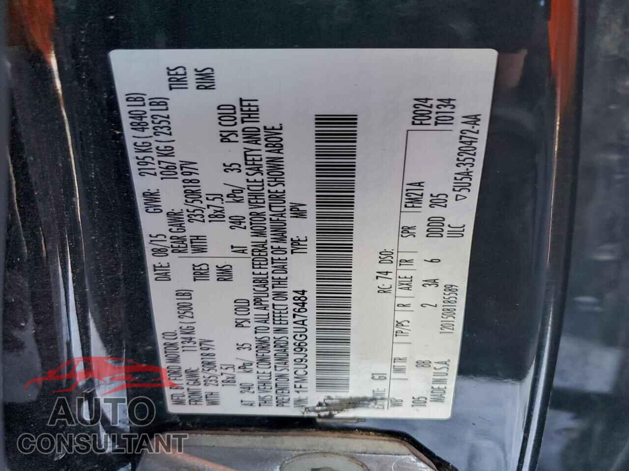 FORD ESCAPE 2016 - 1FMCU9J96GUA76484