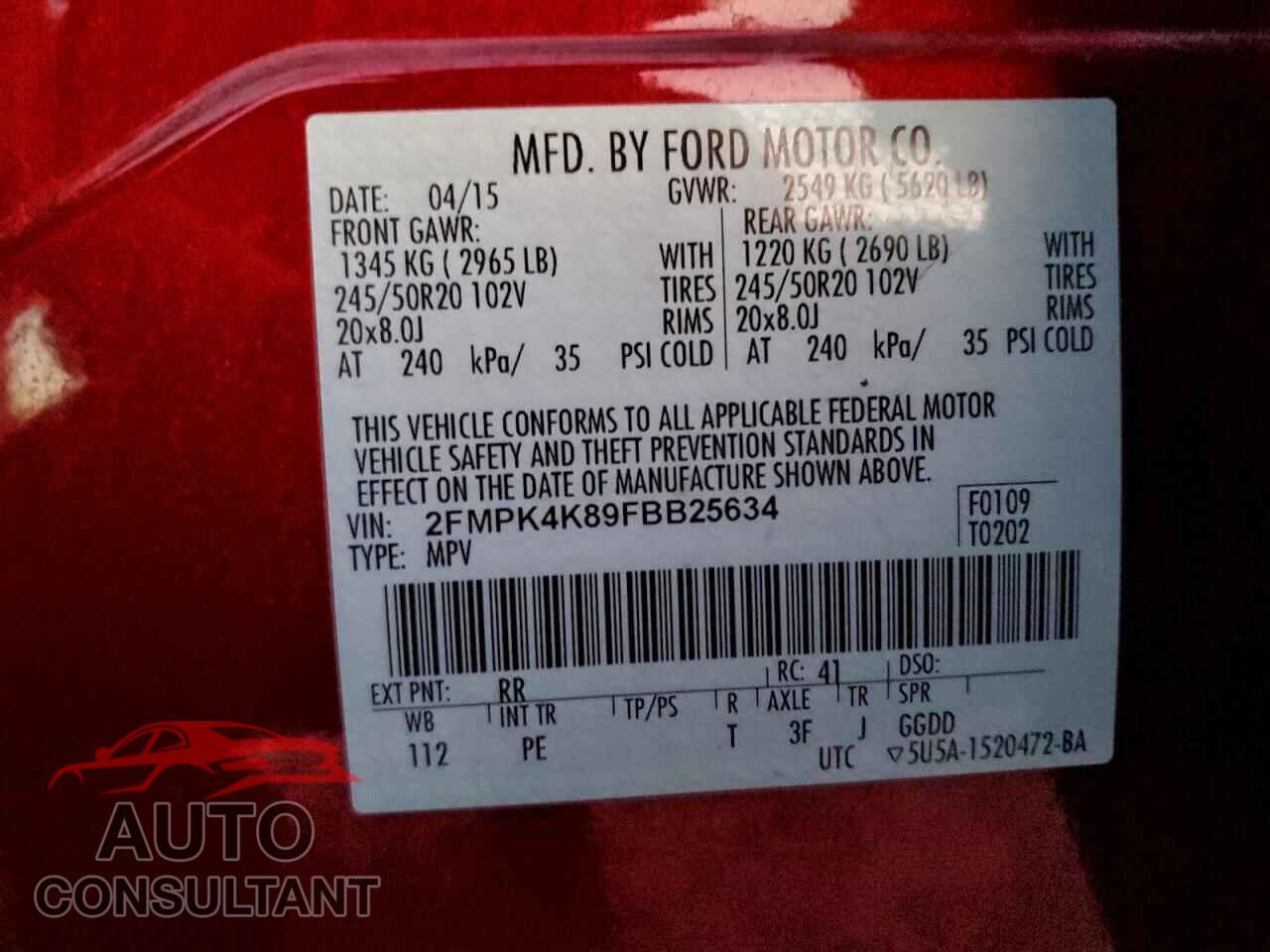FORD EDGE 2015 - 2FMPK4K89FBB25634