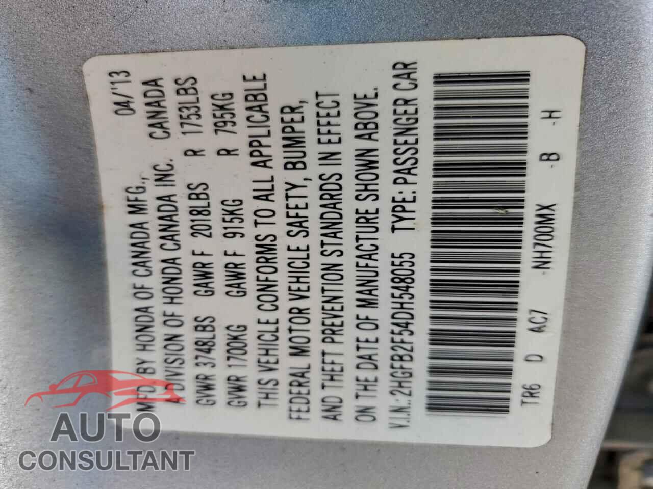 HONDA CIVIC 2013 - 2HGFB2F54DH548055