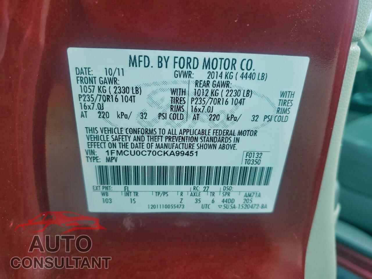 FORD ESCAPE 2012 - 1FMCU0C70CKA99451