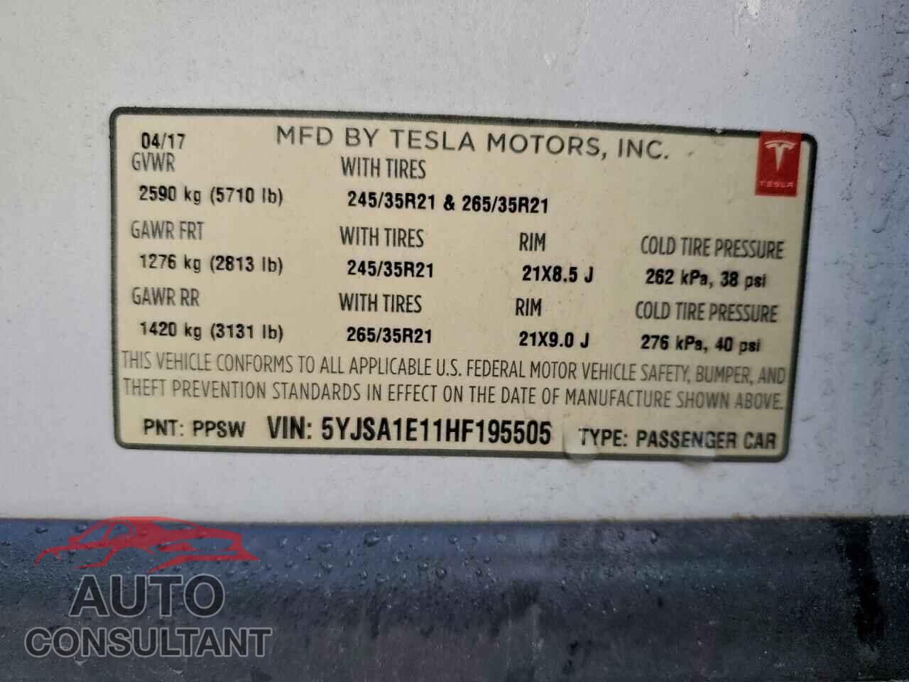TESLA MODEL S 2017 - 5YJSA1E11HF195505