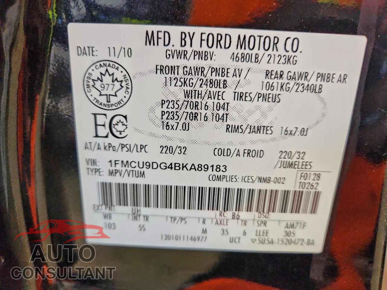 FORD ESCAPE 2011 - 1FMCU9DG4BKA89183