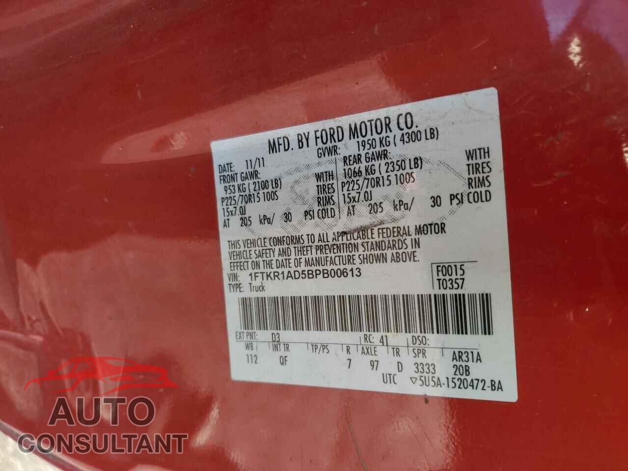 FORD RANGER 2011 - 1FTKR1AD5BPB00613