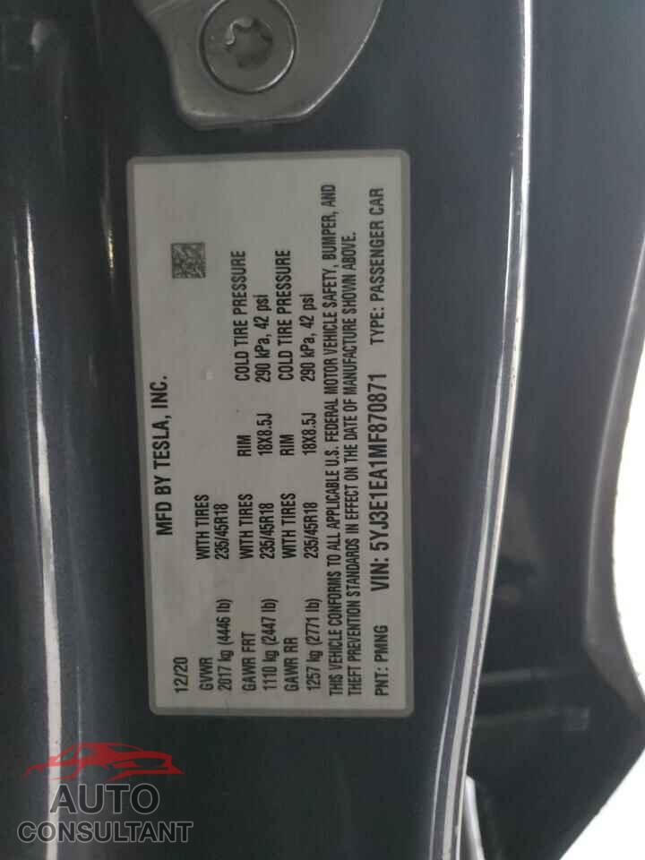 TESLA MODEL 3 2021 - 5YJ3E1EA1MF870871