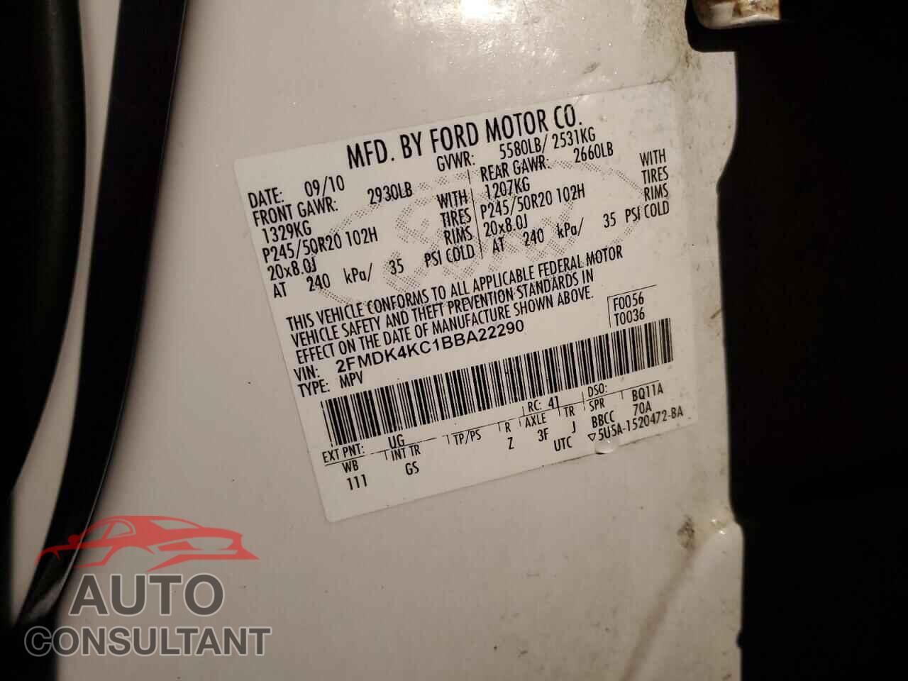 FORD EDGE 2011 - 2FMDK4KC1BBA22290