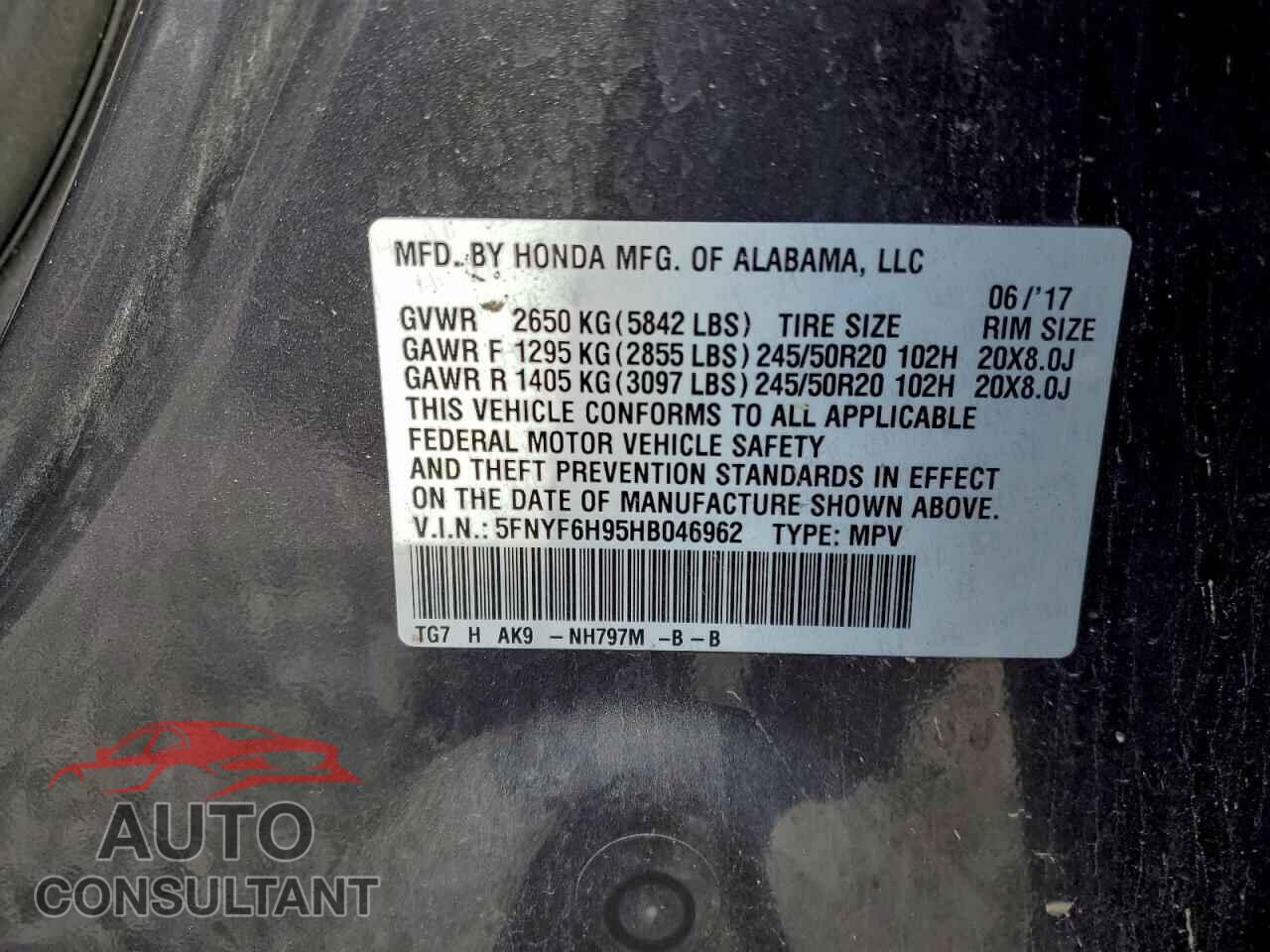 HONDA PILOT 2017 - 5FNYF6H95HB046962