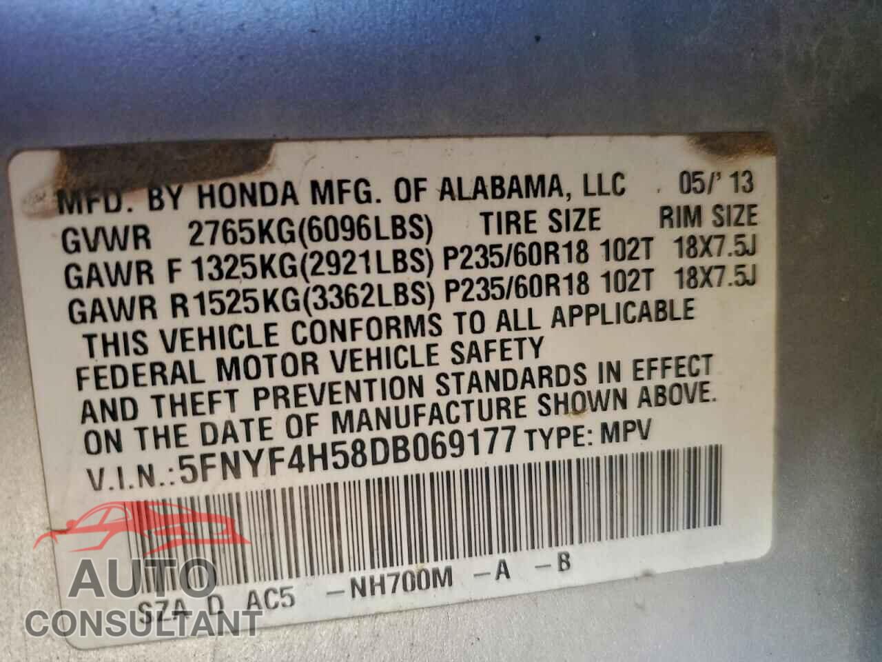 HONDA PILOT 2013 - 5FNYF4H58DB069177