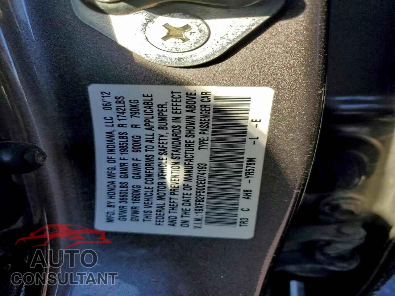 HONDA CIVIC 2012 - 19XFB2F50CE074193