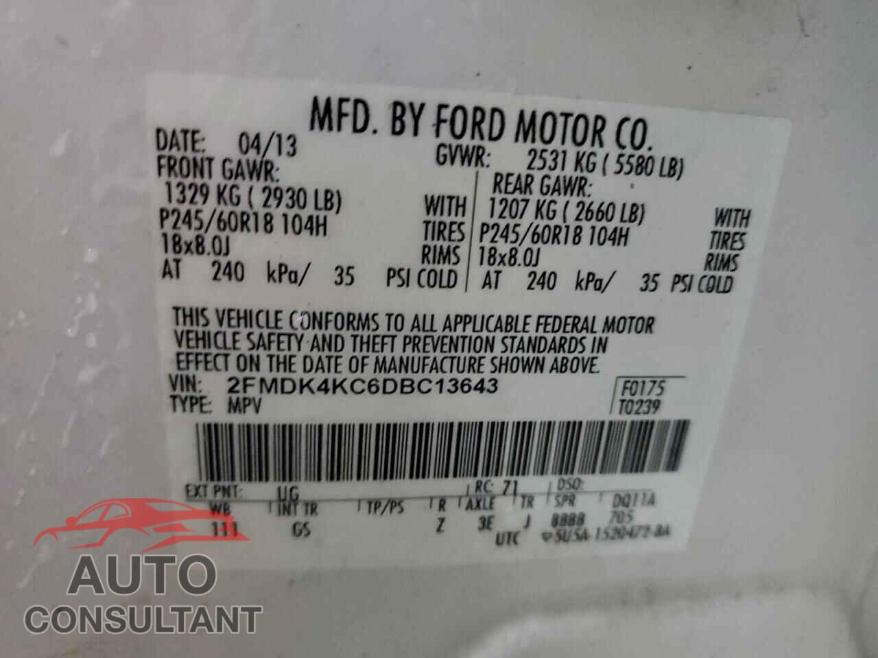 FORD EDGE 2013 - 2FMDK4KC6DBC13643