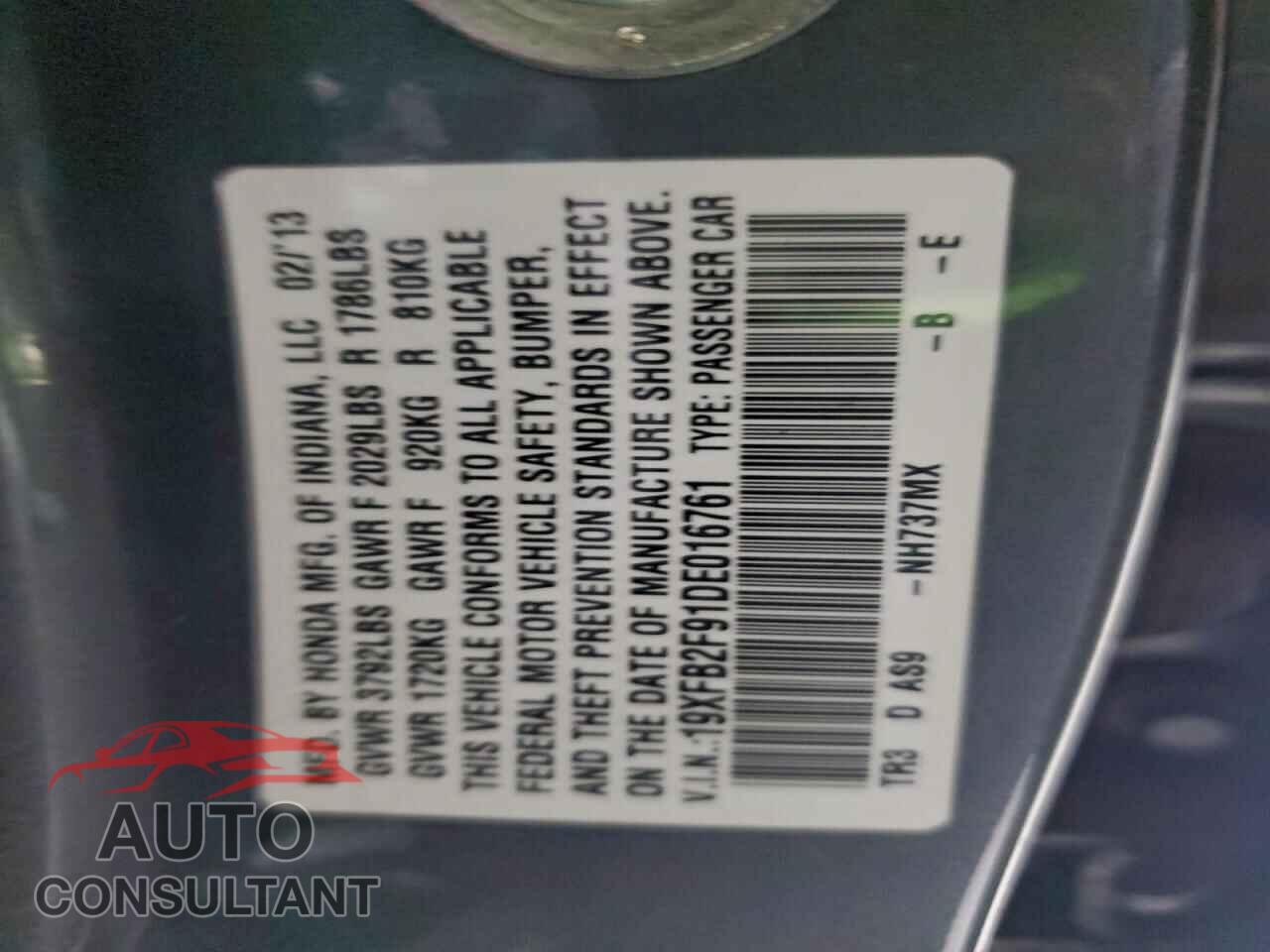 HONDA CIVIC 2013 - 19XFB2F91DE016761